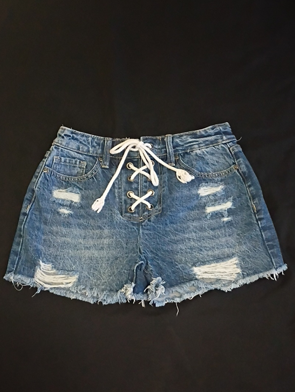 Lace-Up Distressed Denim Jean Shorts in Blue